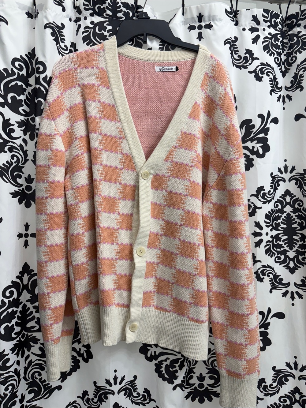 Peach & Cream Checkered V-Neck Cardigan
